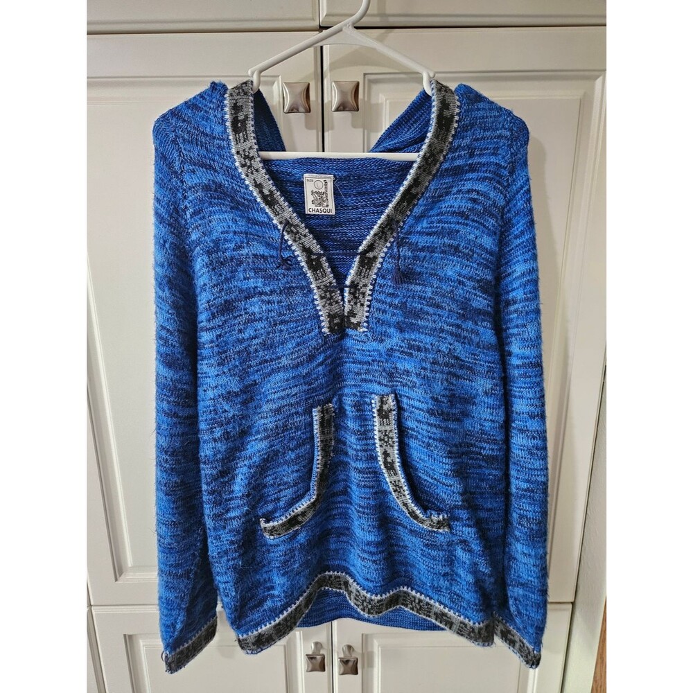Chasqui Alpaca Wool Hand Knit Blue Hooded Sweater Hoodie Boho Eclectic Artisan
